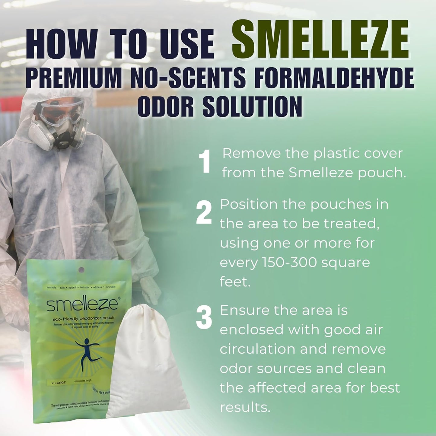 SMELLEZE Reusable Formaldehyde Odor Remover Deodorizer XXL Pouch: Rids Formaldehyde Smell Without Scents in 300 Sq. Ft.