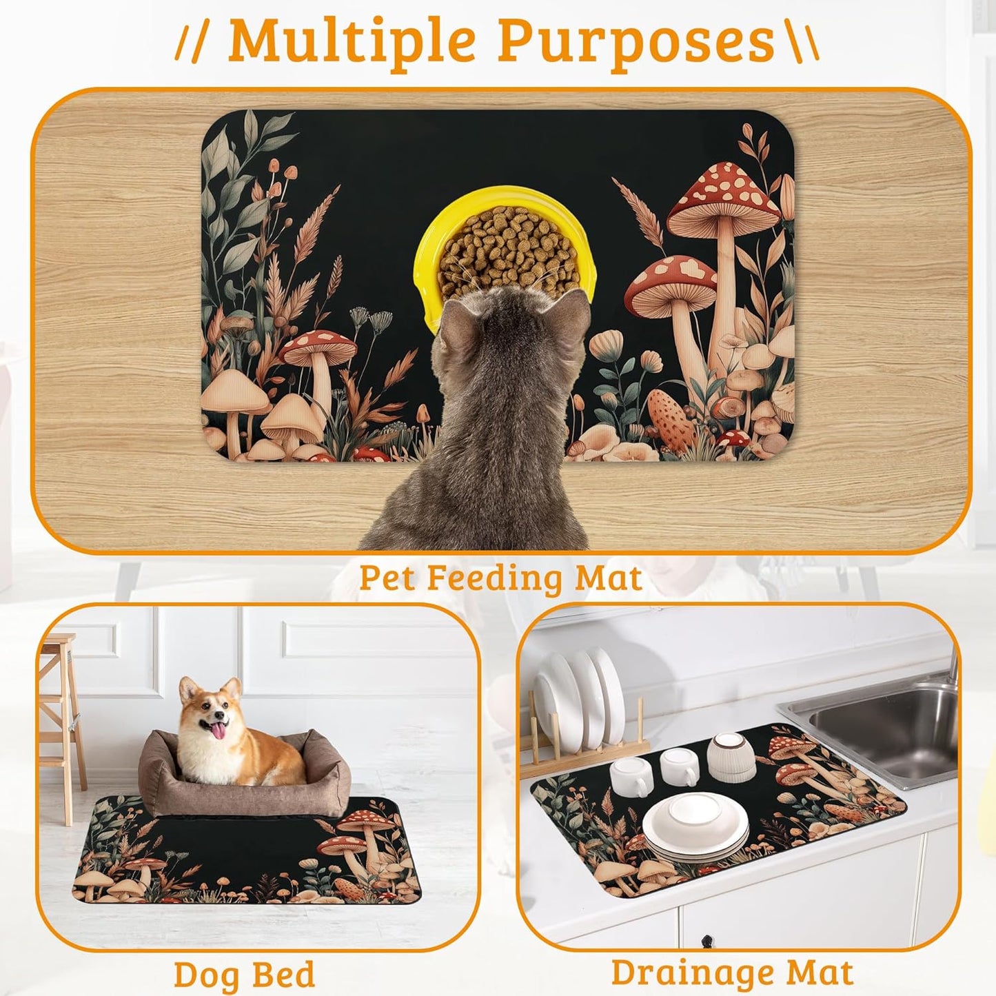 Vintage Mushroom Dog Food Mat,Leaf Absorbent Pet Feeding Mat for Food and Water Bowl,Quick Dry Dog Placemat Non Slip Rubber Backing Waterproof Pet Supplies 16" x 24"