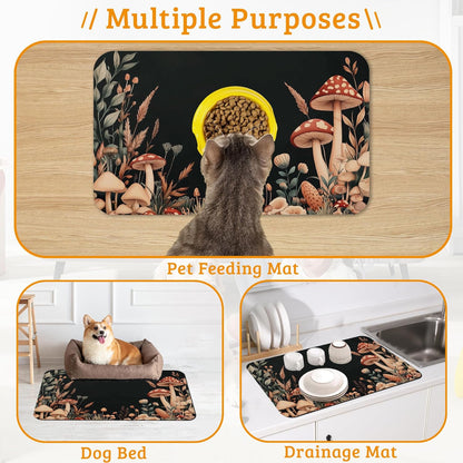 Vintage Mushroom Dog Food Mat,Leaf Absorbent Pet Feeding Mat for Food and Water Bowl,Quick Dry Dog Placemat Non Slip Rubber Backing Waterproof Pet Supplies 16" x 24"