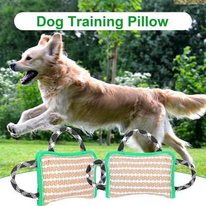 Durable Dog Jute Bite Pillow, 9.8“ x 6.7” Safe Biting Pad with 3 Strong Handles, Safe Tough Jute Tug of War Toy for Medium to Large Dogs Puppy Training, Green