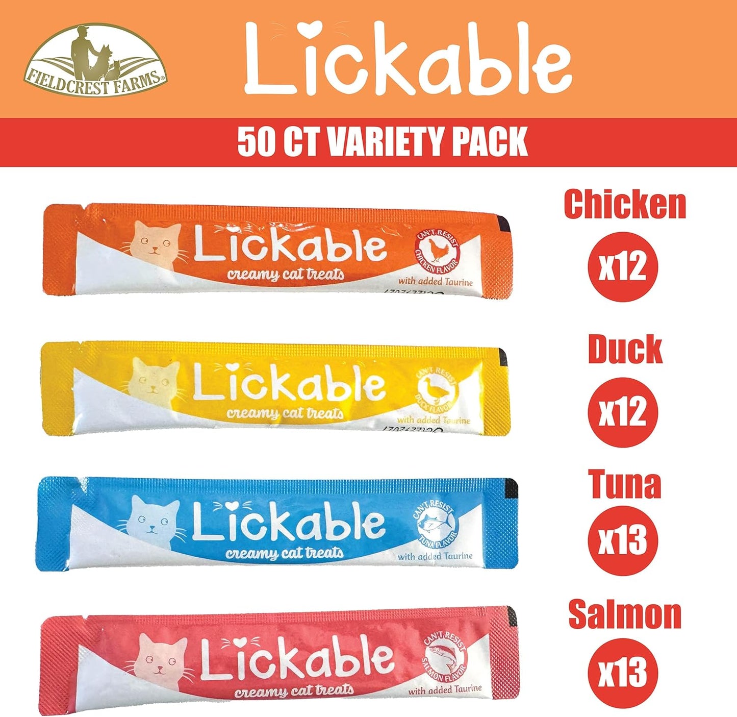 Fieldcrest Farms Lickable Creamy Cat Treats – 50ct Variety Pack – 4 Savory Flavors (Chicken, Tuna, Duck, Salmon) with Taurine – Smooth, Tasty Cat Treat Tubes – Serve by Hand, Dish, or as a Topper