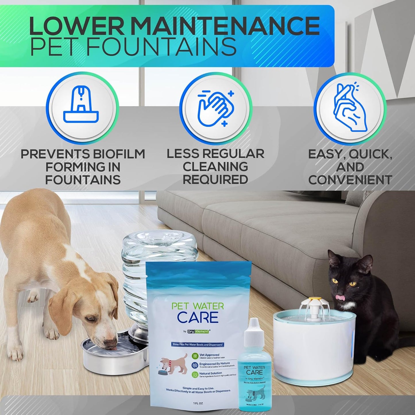Pet Water Care - Dog and Cat Water Additive for Dental and Oral Care - Prevents Pets Water Bowl and Dispenser Fountain Slime - for Fresh Breath and Cleaner, Healthy Teeth