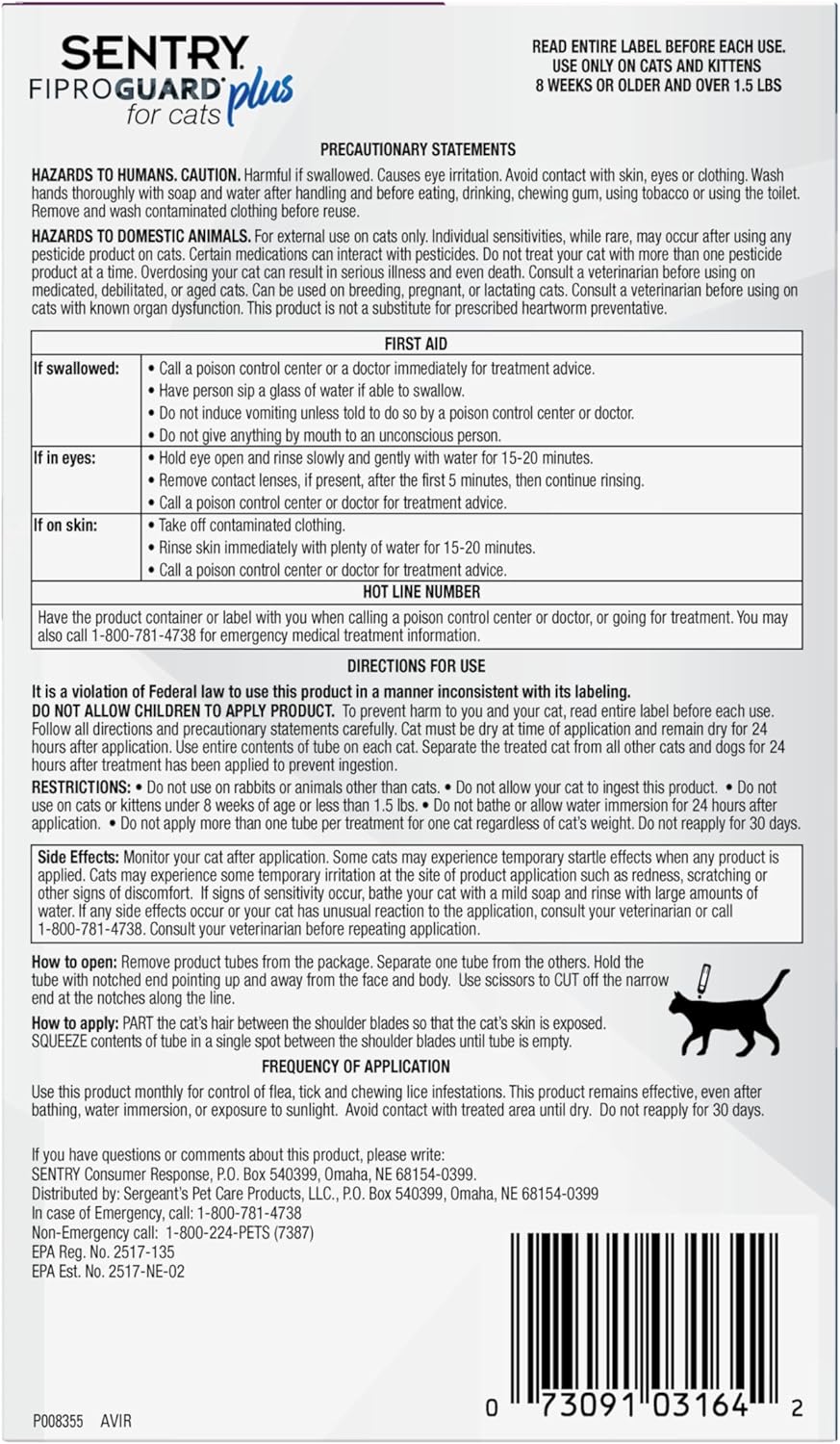 SENTRY Fiproguard Plus for Cats, Flea and Tick Prevention for Cats (1.5 Pounds and Over), Includes 3 Month Supply of Topical Flea Treatments