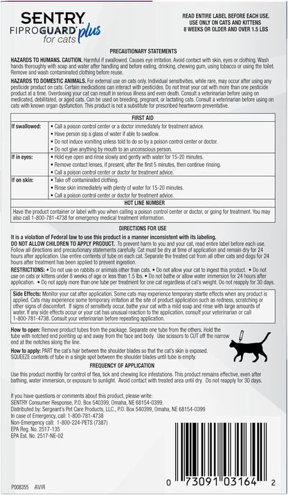 SENTRY Fiproguard Plus for Cats, Flea and Tick Prevention for Cats (1.5 Pounds and Over), Includes 3 Month Supply of Topical Flea Treatments