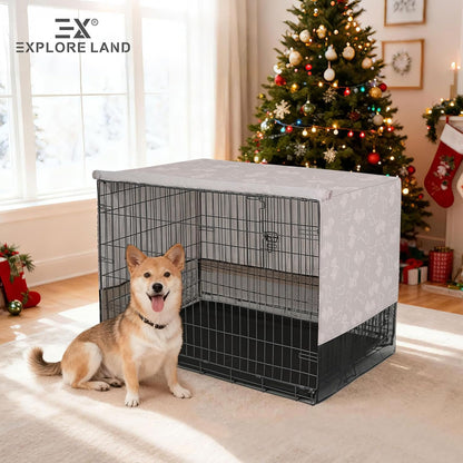 Explore Land Breathable Dog Crate Cover - 4 Sides Mesh Ventilation,Basic Pet Kennel Cover, All Sides Open, Universal Fit for 1 2 3 Doors 48 inches Wire Dog Crate （Dog Print ）