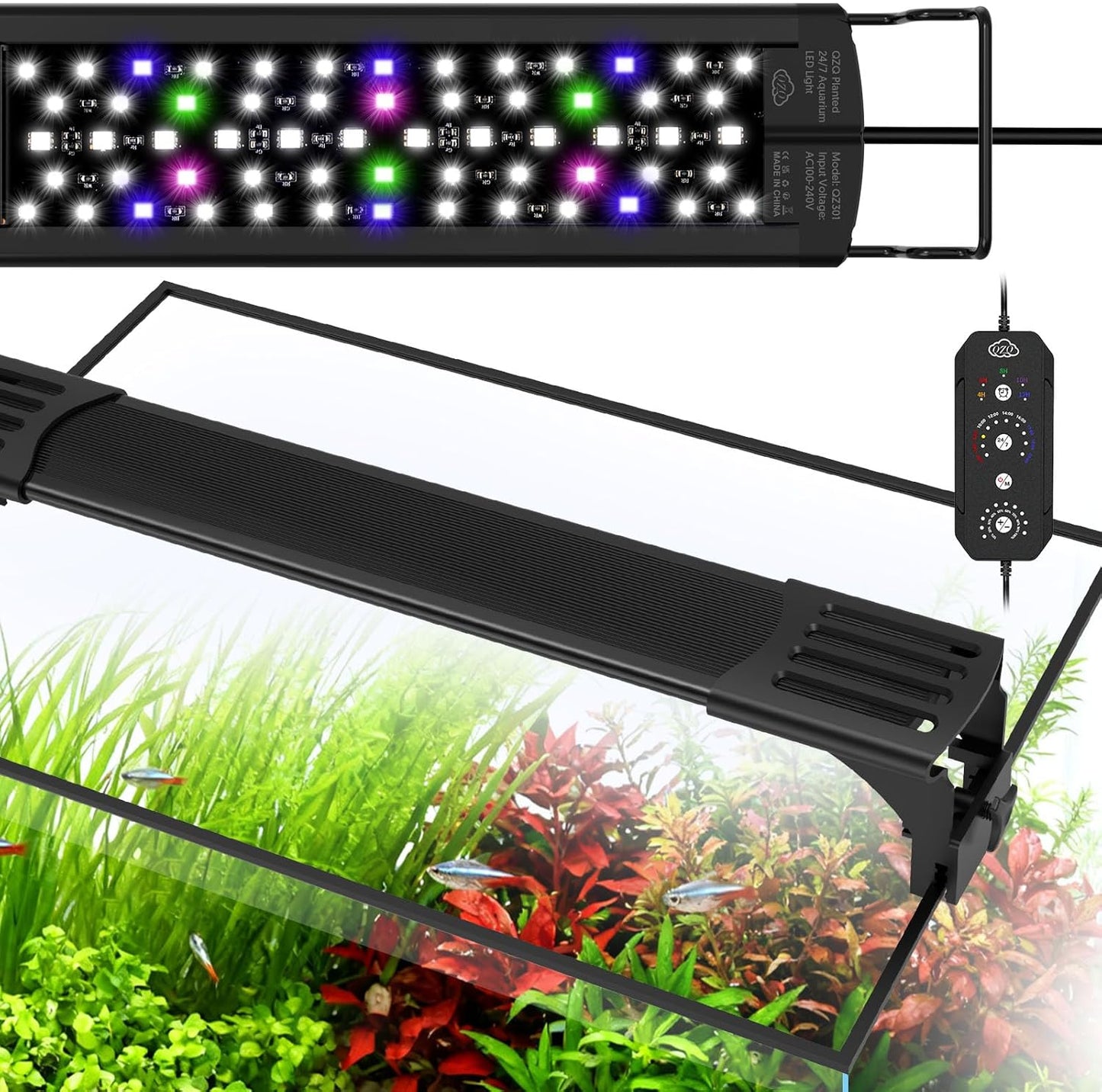 QZQ LED Aquarium Light, 30W Fish Tank Light with 24/7 Lighting Mode, Timer, DIY Mode, Adjustable Brightness, Full Spectrum Aquarium Plant Light with Extendable Brackets for 24-29 Inch Fish Tank