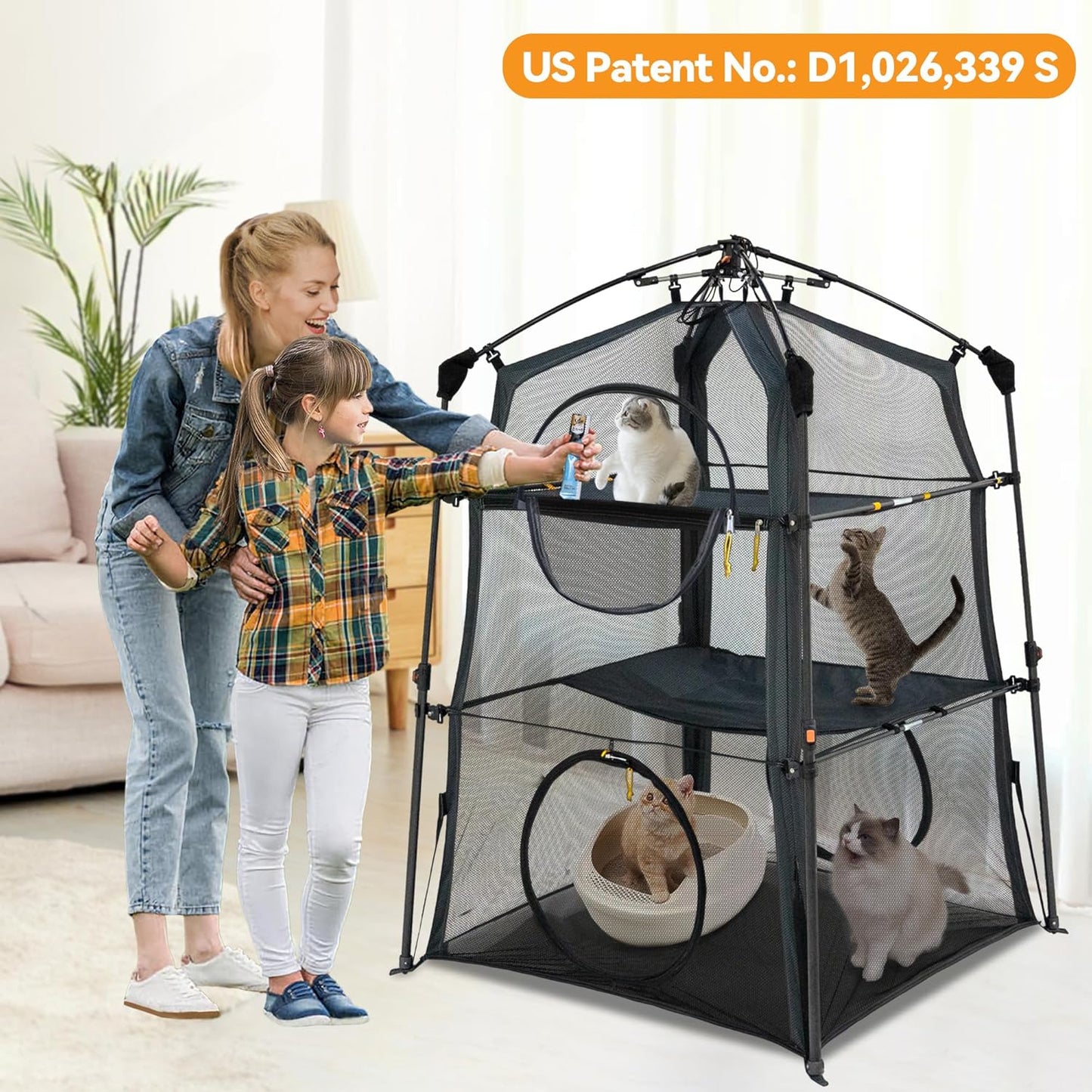 Extra Large Catio Outdoor Cat Enclosure,3 Tier Cat Tower Tent Weatherproof & Sunproof with 3 Doors(with Two Kinds of Canopies), Foladable and Portable Plus Run Tunnel(3 Packs).