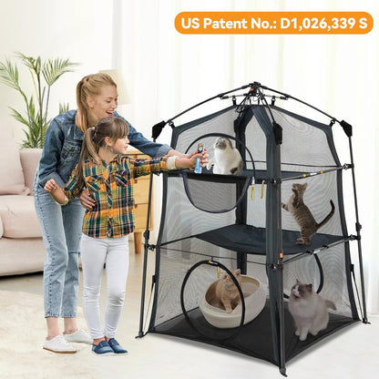 Extra Large Catio Outdoor Cat Enclosure,3 Tier Cat Tower Tent Weatherproof & Sunproof with 3 Doors(with Two Kinds of Canopies), Foladable and Portable Plus Run Tunnel(3 Packs).