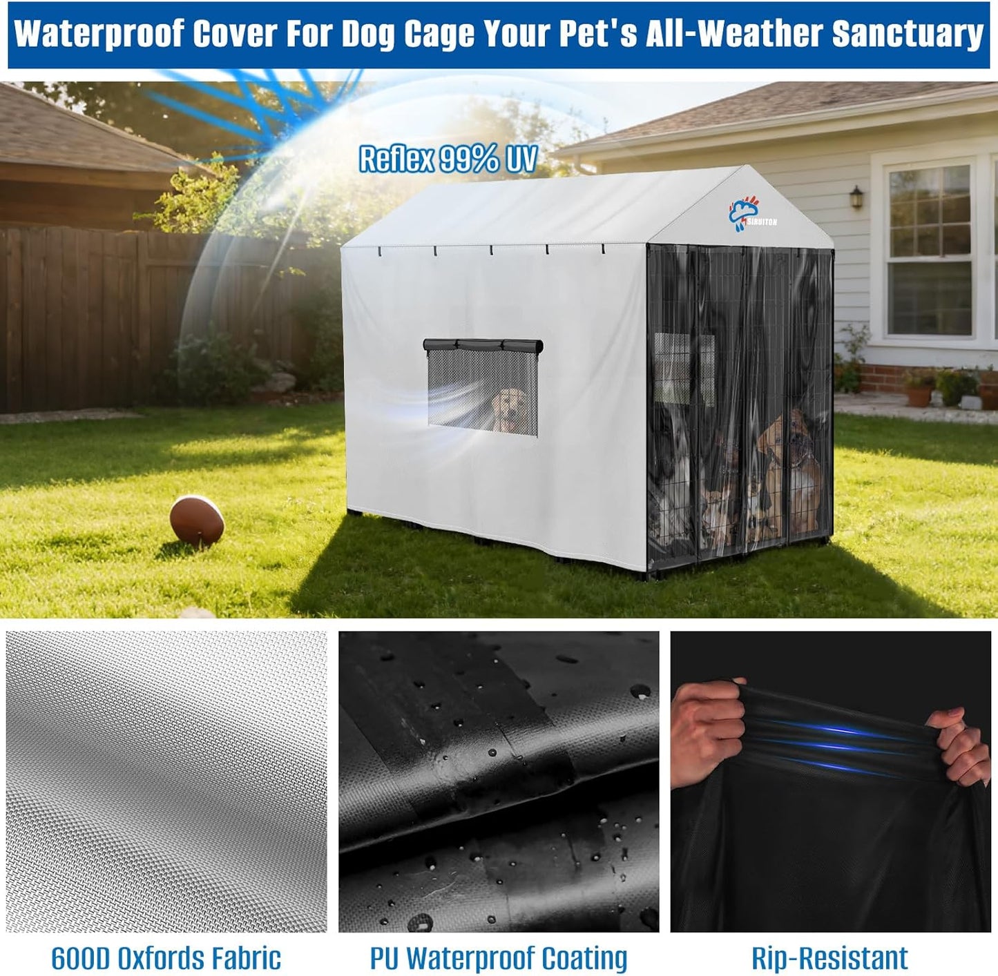 SIRUITON Outdoor Dog Kennel Cover,600D Full Coverage Waterproof Kennel Covers,With Transparent Film,Breathable Mesh Curtain & 4 Waterproof Zippers,Rain,Snowproof,Wind & Sun,8'Dx4.1'Wx6'H(Only Cover)
