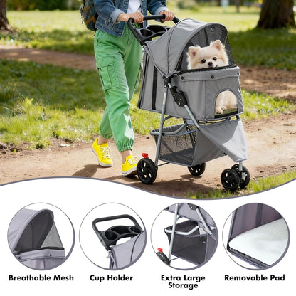 Smug 3 Wheels Pet Stroller, Dog and Cat Strollers, Storage Basket and Cup Holder, Breathable Mesh, Lightweight Travel Carrier, Waterproof and Foldable for Small Pets Outdoor Walk, Grey