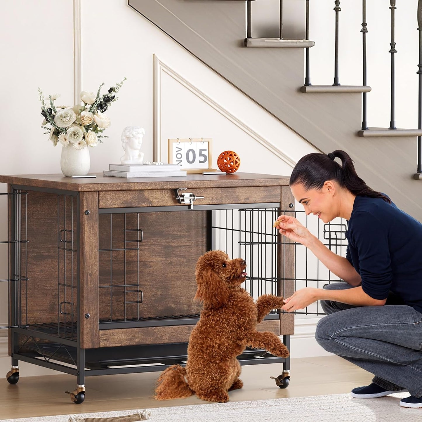 26-Inch Double-Door Pet Crate Furniture, Wooden Dog House with Locking Wheels, Chew-Resistant Indoor Pet Side Table, Rustic Brown Finish, Versatile Pet Housing Solution
