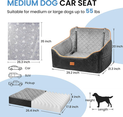 Dog Car Seat for Medium Dogs - Pet Car Seat with 2 Safety Straps & Waterproof Padding, Portable Pet Carrier for Cars, Trucks & SUVs, Comfortable Booster Bed for Pets Up to 55lbs (Black/Grey)