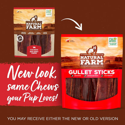 Natural Farm Gullet Sticks (6 Inch, 25 Pack), Grain-Free, Preservative-Free & Fully Digestible Beef Esophagus – Gentle Yet Effective Fun - Best for Light, Pups & Senior Chewers