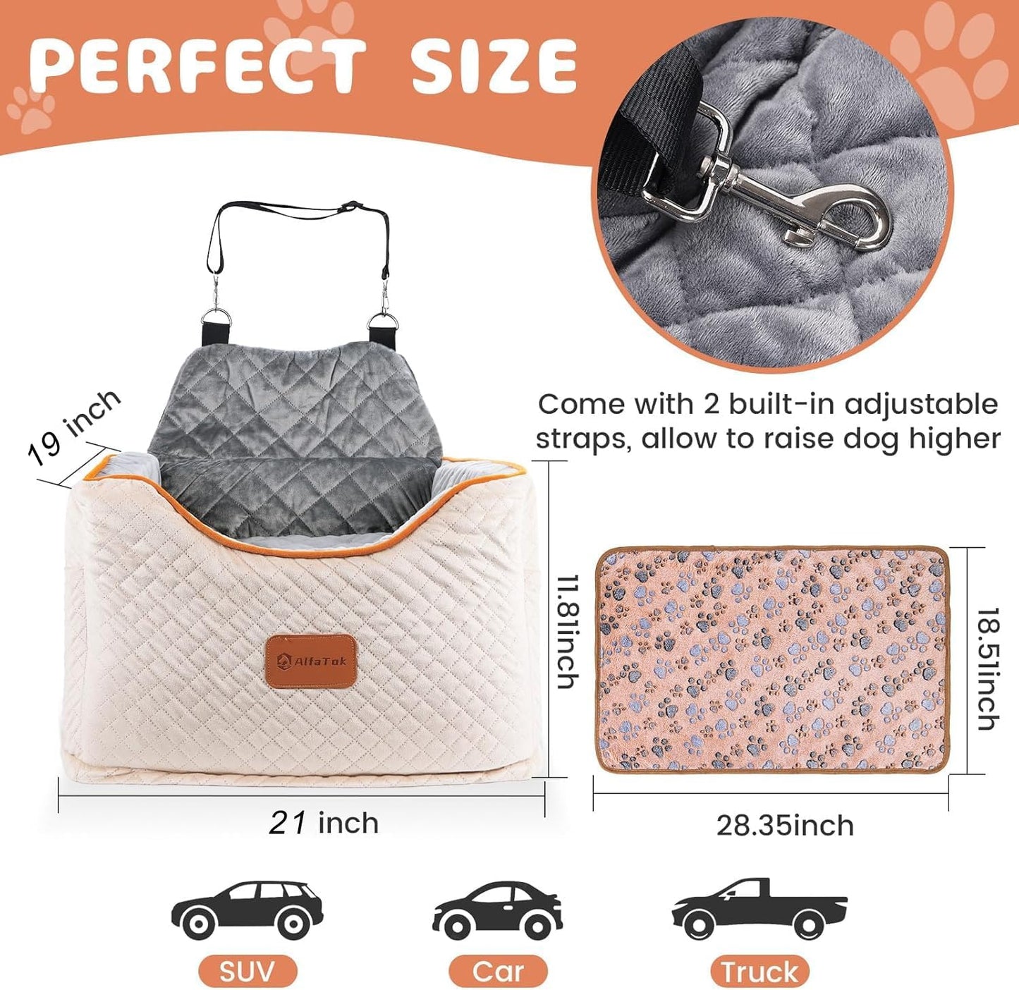 Memory Foam Booster Dog Car Seat with Washable Removable Cover, Elevated Pet Car Seat, Anti-Slip Sturdy Booster Seats for Small Dogs 35lbs, Seat Belt, Storage Pocket, Dog Blankets