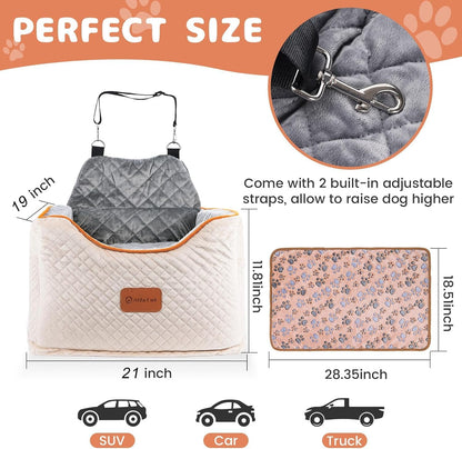 Memory Foam Booster Dog Car Seat with Washable Removable Cover, Elevated Pet Car Seat, Anti-Slip Sturdy Booster Seats for Small Dogs 35lbs, Seat Belt, Storage Pocket, Dog Blankets