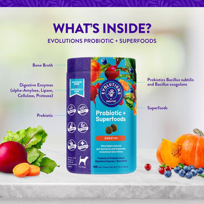 NaturVet Evolutions Probiotic & Superfoods 90ct Soft Chews for Dogs - Prebiotic & Probiotic Blend, Digestive Enzymes, Bone Broth, Omega's - Nourishes Natural Gut Bacteria and Intestinal Microflora
