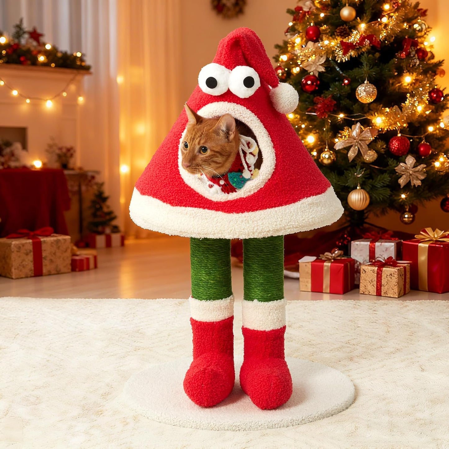 Christmas Cat Tree Tower –Santa Hat Design with Scratching Posts & Cozy Bed, Suitable for Small to Large Cats, Red