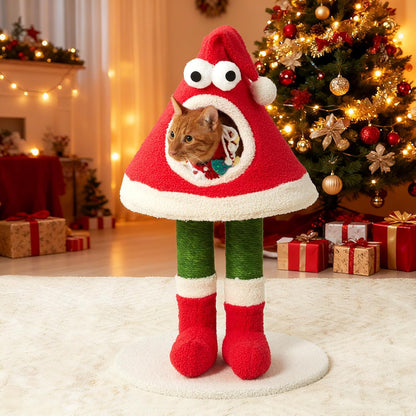 Christmas Cat Tree Tower –Santa Hat Design with Scratching Posts & Cozy Bed, Suitable for Small to Large Cats, Red