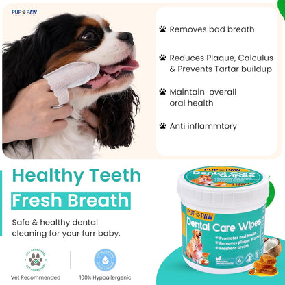Premium Dog Teeth Cleaning Wipes - All Natural dog Toothbrush & Tooth Brushing Kit - Pet Dental Finger Wipes for cats & dogs - Freshens Breath, Reduces Tartar & Plaque - All in one finger wipes (50)