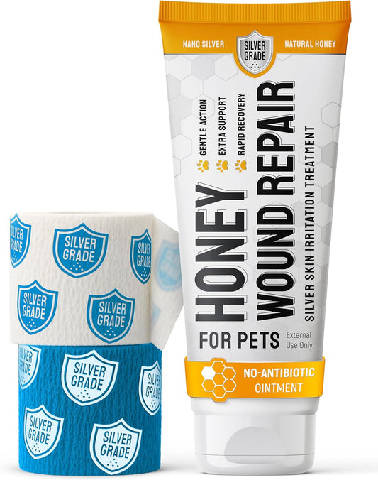 Best Hot Spot Treatment for Dogs & Horses – Dog Wound Care with Silver for Scratches, Sores, Rashes, Irritations – Honey Wound Repair Ointment in Gel Form for Horses & Cats + 2 Bandages – 2 Oz