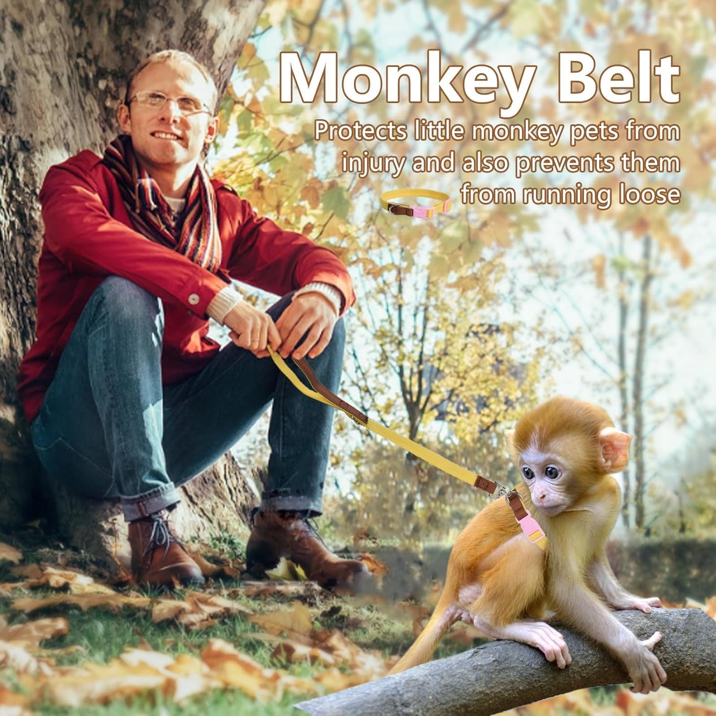 Mini Monkey Leash, Adjustable Monkey Strap with Belly Bands and Matching Leash for Marmoset Monkey, Maximum Dimension 5.7 Inches for Monkey, Comfortable and Durable