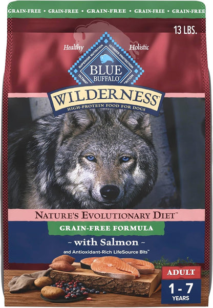 Blue Buffalo Wilderness Adult High-Protein Dry Dog Food with Real Salmon, Grain-Free, Made in The USA with Natural Ingredients, Salmon, 13-lb. Bag