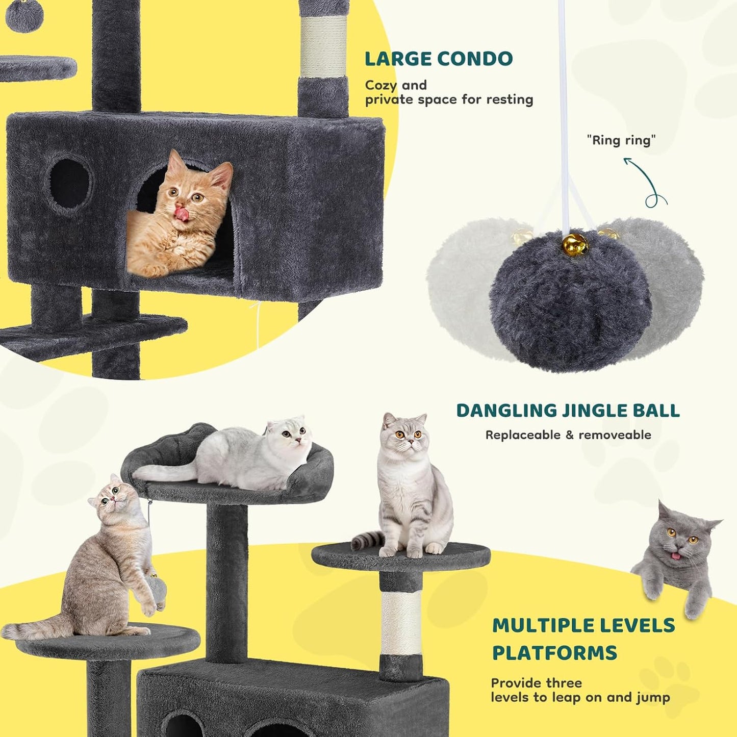 Cat Tree 54 Inch, Multi-Level Cat Tower with Condo, Perches, Sisal Scratching Posts and Climbing Ladder, Pet Play Toy Balls House for Indoor Cats, Dark Grey