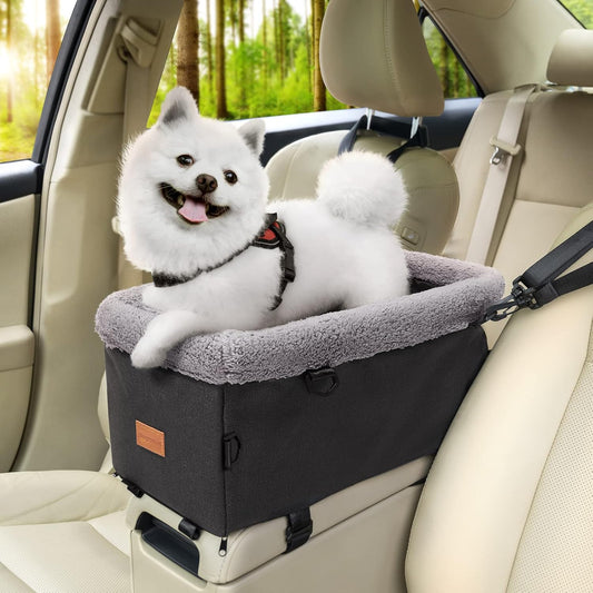 BurgeonNest Dog Car Seat for Small Dog, Center Console Pet Booster Seat with Metal Frame, Upgraded Puppy Carseat with Double Protection Seat Belts, Washable Cushion, Safety Leash and Storage Pocket
