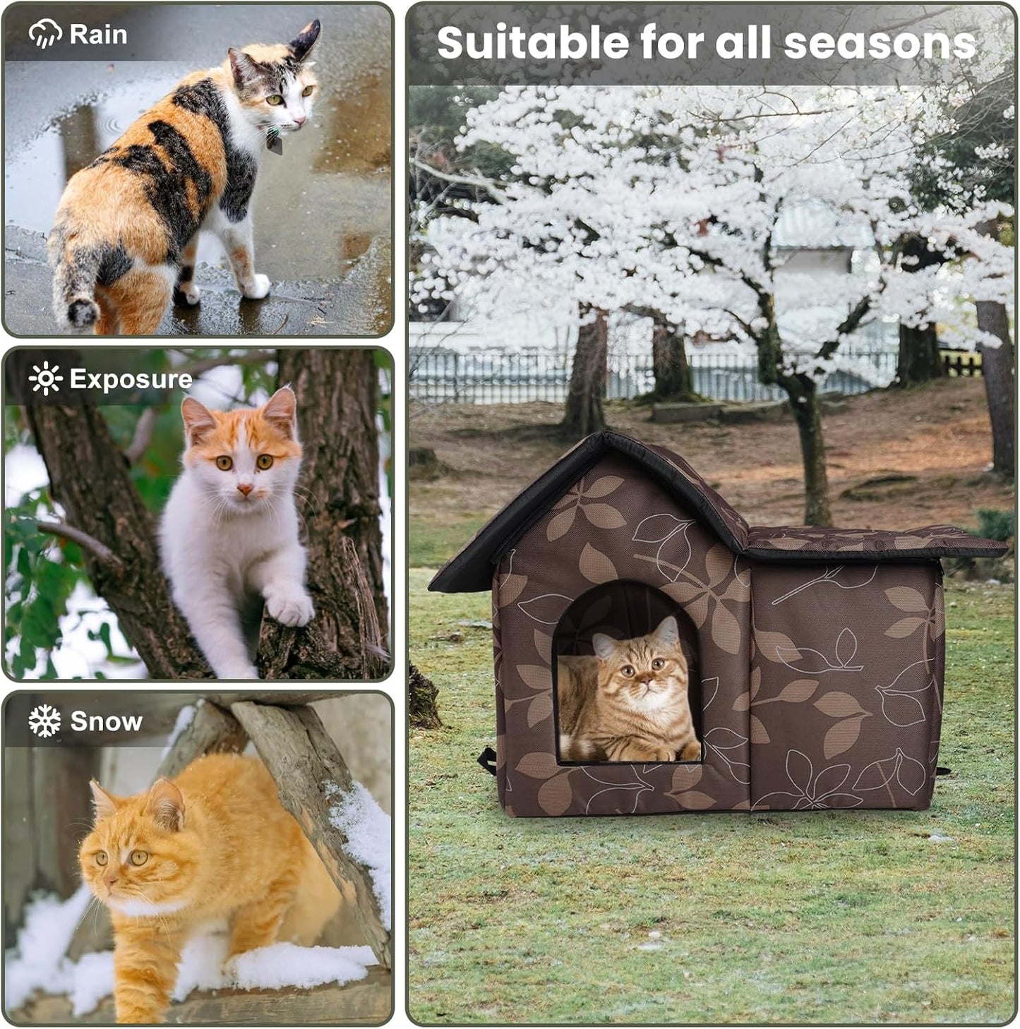 Cat House for Outdoor Cats, Outdoor Cat House Weatherproof for Stray Cat Shelter with Mat, Door and Edging Nails, Collapsible, Easy to Assemble (Brown)