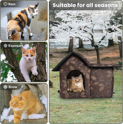 Cat House for Outdoor Cats, Outdoor Cat House Weatherproof for Stray Cat Shelter with Mat, Door and Edging Nails, Collapsible, Easy to Assemble (Brown)