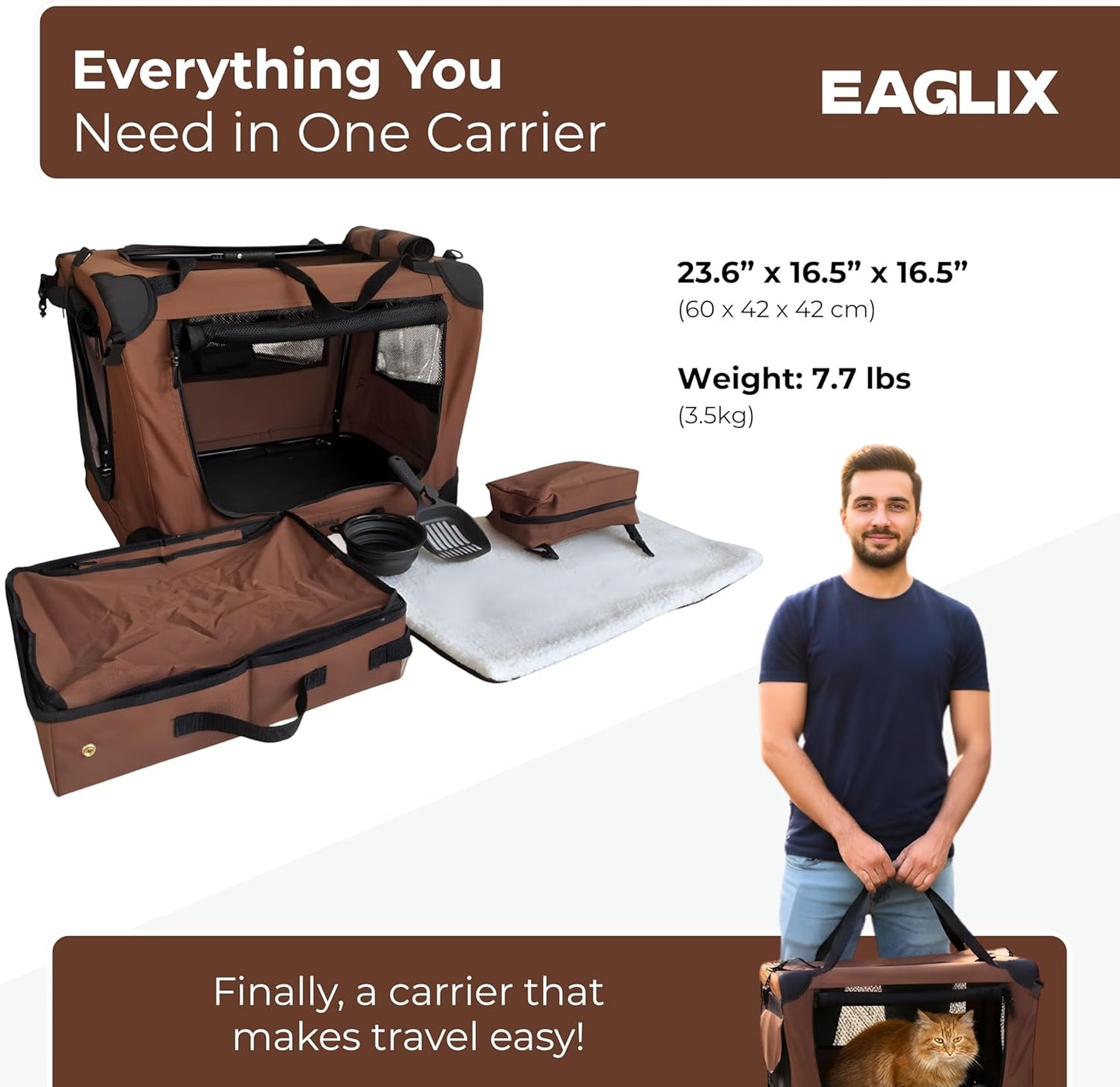 Cat Travel Carrier with Zippered Litter Box, Scooper & Water Bowl – Soft Sided Portable Cat Carrier for One Cat, Collapsible Pet Travel Bag for Indoor Use, Vet Visits & Long Trips