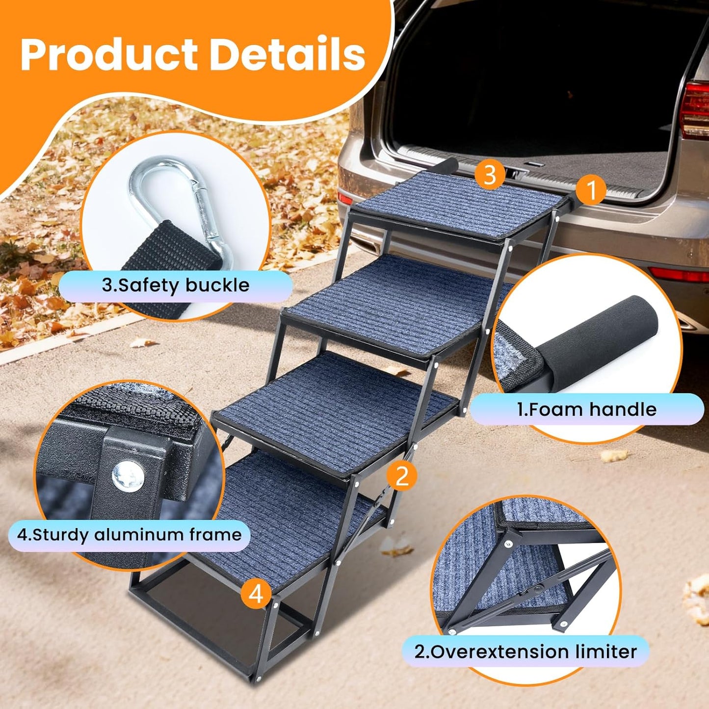 Dog Stairs for Car, 60''x 20'' Extra Wide Stairs for Large Dogs to 250 LBS, Portable Steps with Removable Non-Slip Surface, 4 Steps Foldable Dog Ramp for Car, SUV, High Bed/Couch