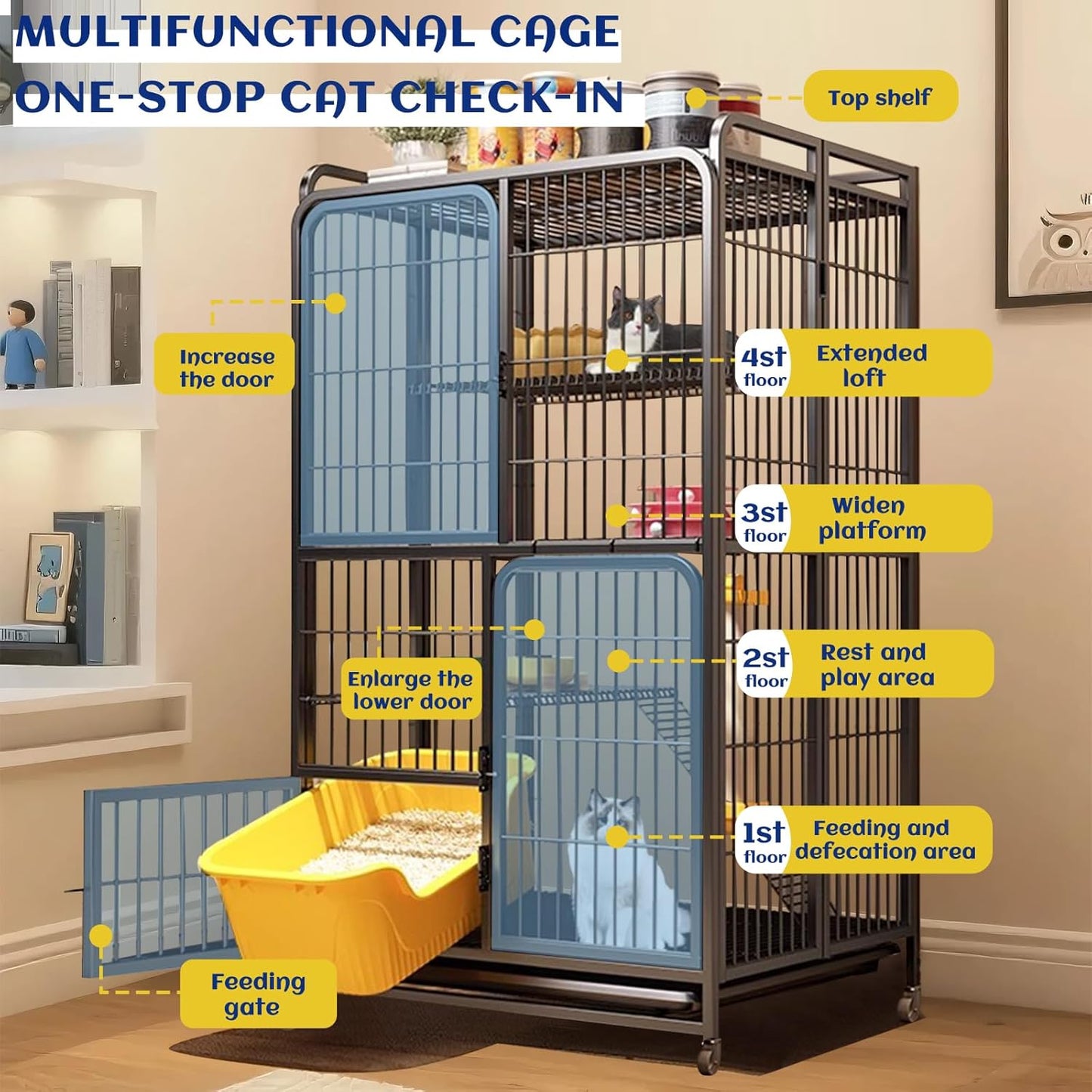 Collapsibles Cat Cages Indoor,Portable Cats Enclosures 2/3/4-Tier,Heavy-Duty Cat Playpens with Universal Wheels,Large Metal Animal cage Pet Crate No Assemblys Required (Black, 4-Tier (No Litter Box))