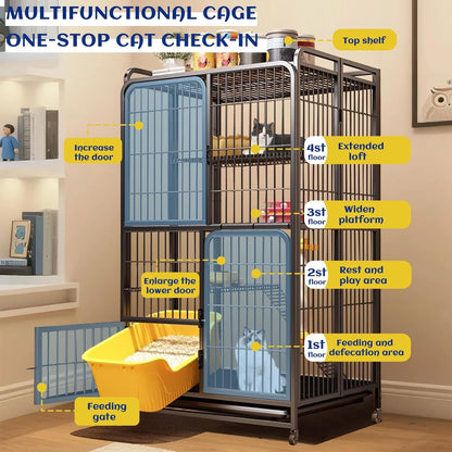 Collapsibles Cat Cages Indoor,Portable Cats Enclosures 2/3/4-Tier,Heavy-Duty Cat Playpens with Universal Wheels,Large Metal Animal cage Pet Crate No Assemblys Required (Black, 4-Tier (No Litter Box))