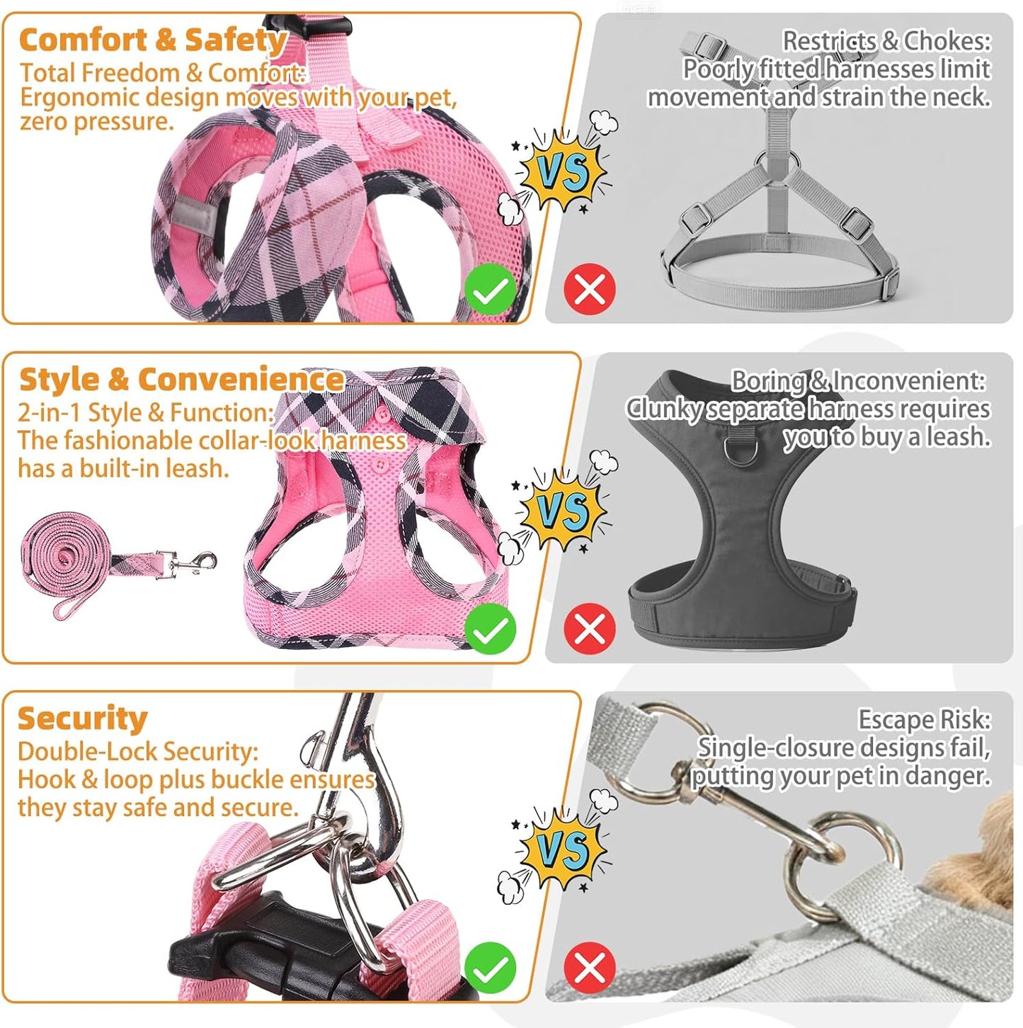 KOOLTAIL Small Dog Harness and Leash Set, Step in No Pull Soft Mesh Padded Pet Vest Harness Collar for Extra Small Size Dogs Cats Boy Girl, Breathable & Lightweight Plaid Puppy Harness, Pink XS