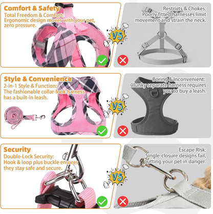 KOOLTAIL Small Dog Harness and Leash Set, Step in No Pull Soft Mesh Padded Pet Vest Harness Collar for Extra Small Size Dogs Cats Boy Girl, Breathable & Lightweight Plaid Puppy Harness, Pink XS