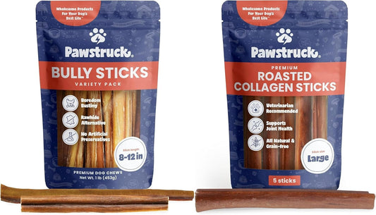 Pawstruck Bully Sticks & Roasted Collagen Sticks Value Bundle for Large Dogs - Single Ingredient Rawhide Alternative Made with 100% Beef