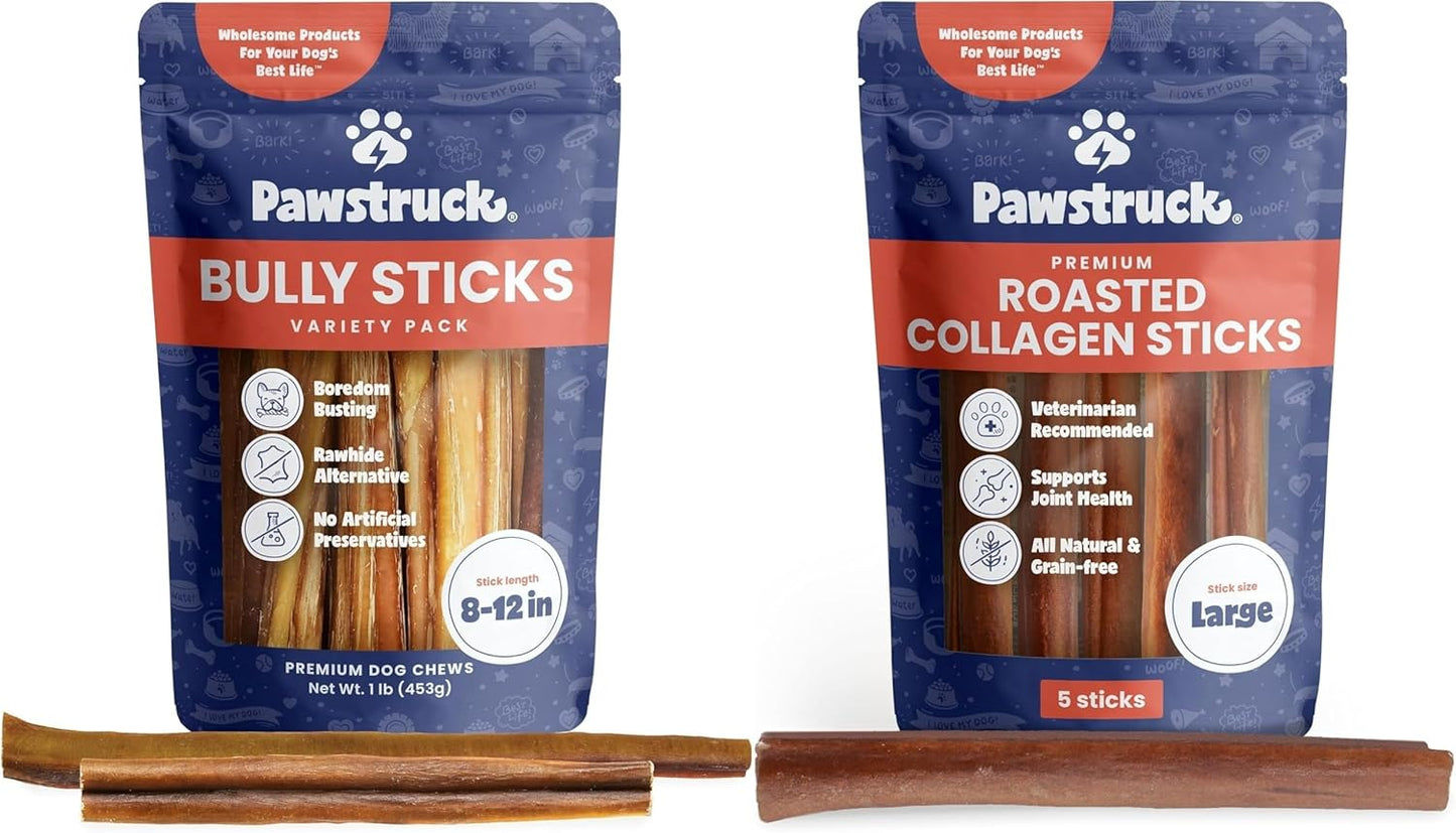 Pawstruck Bully Sticks & Roasted Collagen Sticks Value Bundle for Large Dogs - Single Ingredient Rawhide Alternative Made with 100% Beef