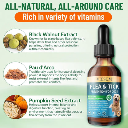 Natural Flea and Tick Prevention for Dogs, Oral Herbal Dog Flea and Tick Treatment Drops with Pumpkin Seed & Black Walnut for Dogs, Skin & Coat Care - Digestive & Immune for All Breeds and Ages, 60ml