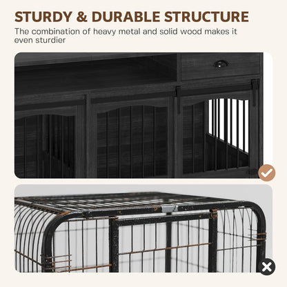 70.86" Double Dog Crate Furniture with Storage for 2 Medium Large Dogs Farmhouse Wooden Dog Kennel Furniture with 2 Sliding Doors Divider & Power Outlet Decorative Dog Cage TV Stand Dark Grey