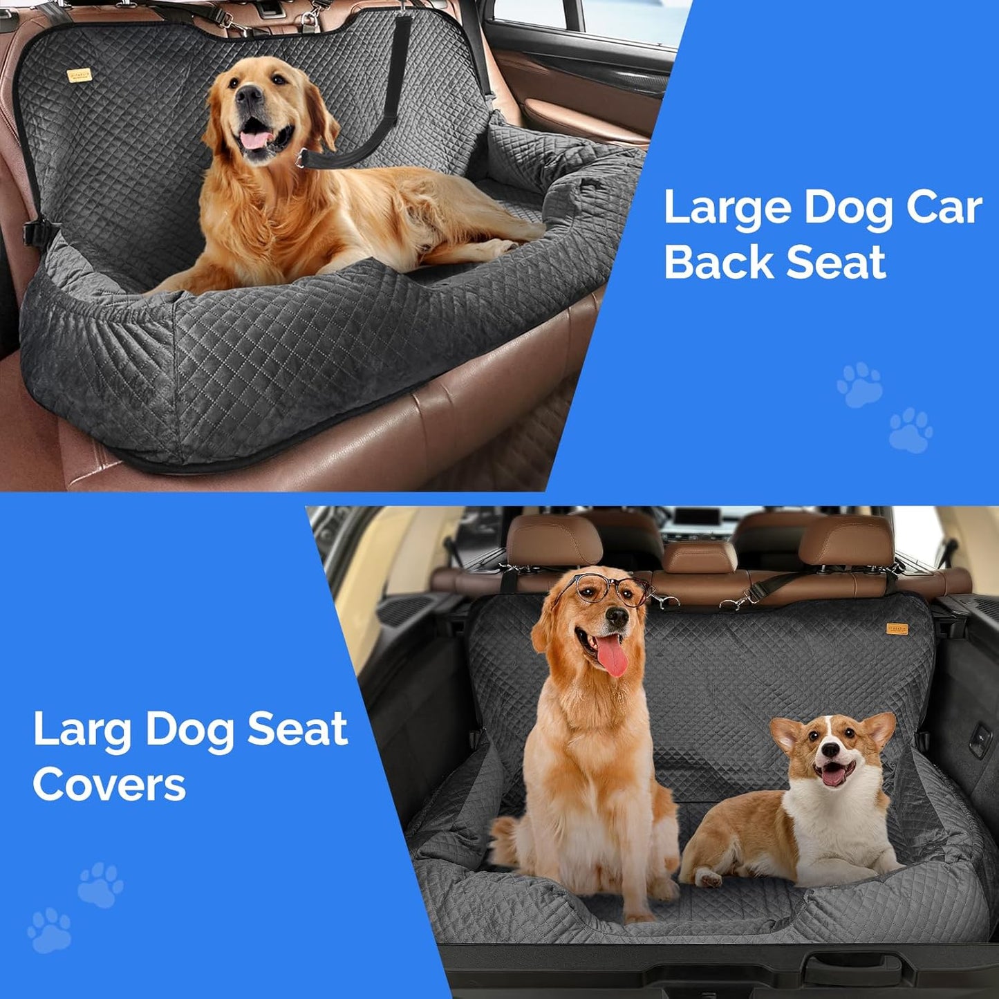 Large Dog Car Back Seat for 100lbs Dogs Pet Bed Car Seat Fully Detachable Washable Travel Safety with Storage Pocket Black