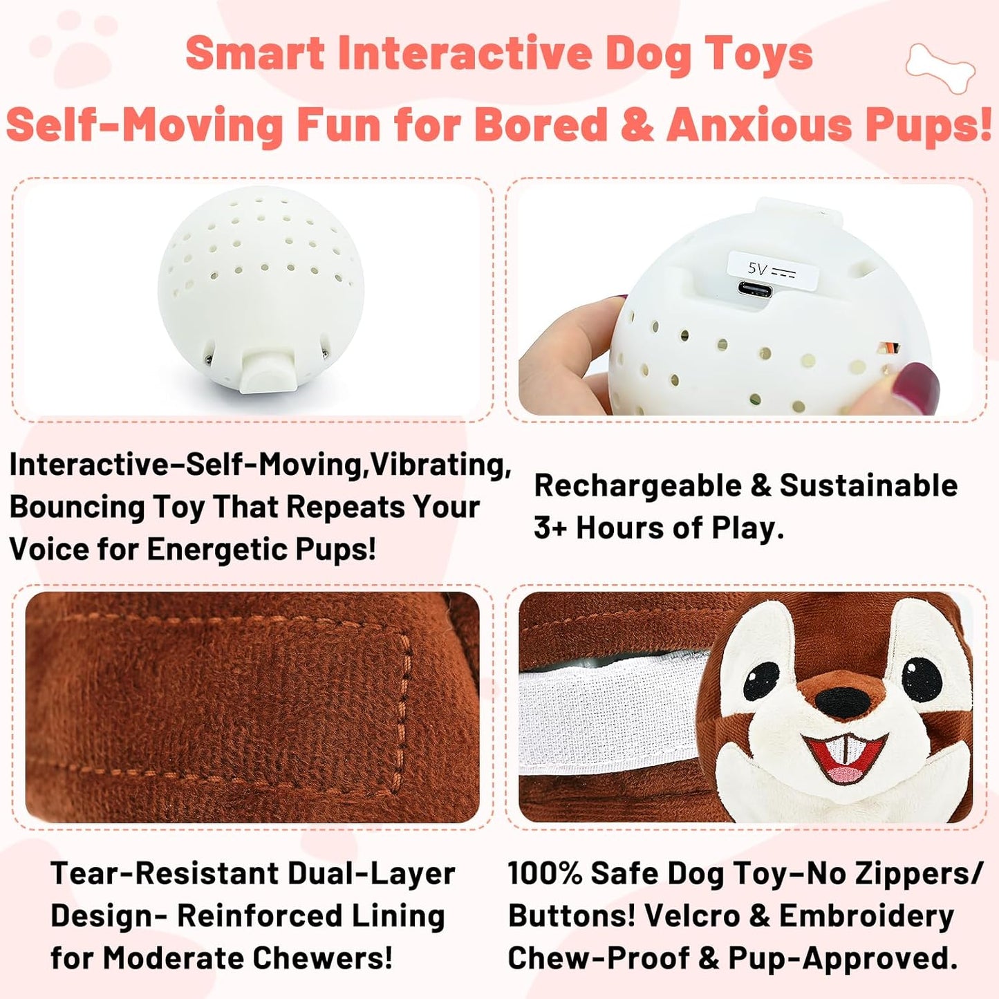 Interactive Dog Toys - Auto Bounce, Move & Vibrate with Sound, Talking Squirrel Puppy Toy for Small Medium Large Dogs, Rechargeable Durable Toy for Anxiety Relief, Boredom & Indoor Play