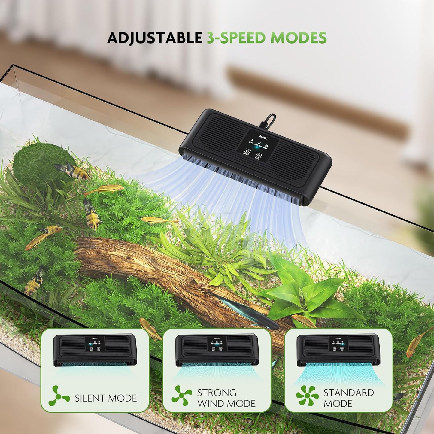 PAIZOO Aquarium Chiller Fan, Fish Tank Cooling Fans Aquarium Cooler with 3 Speed Modes, Water Chiller for Axolotl Tank Accessories Freshwater Saltwater Tanks, 6.4W