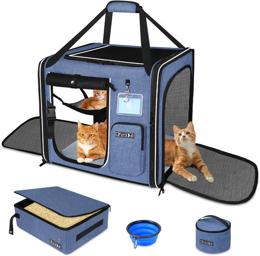 Petskd Combinable Large Cat Carrier with Litter Box for Car Travel, 19"x17"x18" Portable Soft Pet Carrier for 2 Small Cats with Safty Zipper Locks for Vet