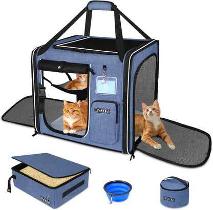Petskd Combinable Large Cat Carrier with Litter Box for Car Travel, 19"x17"x18" Portable Soft Pet Carrier for 2 Small Cats with Safty Zipper Locks for Vet