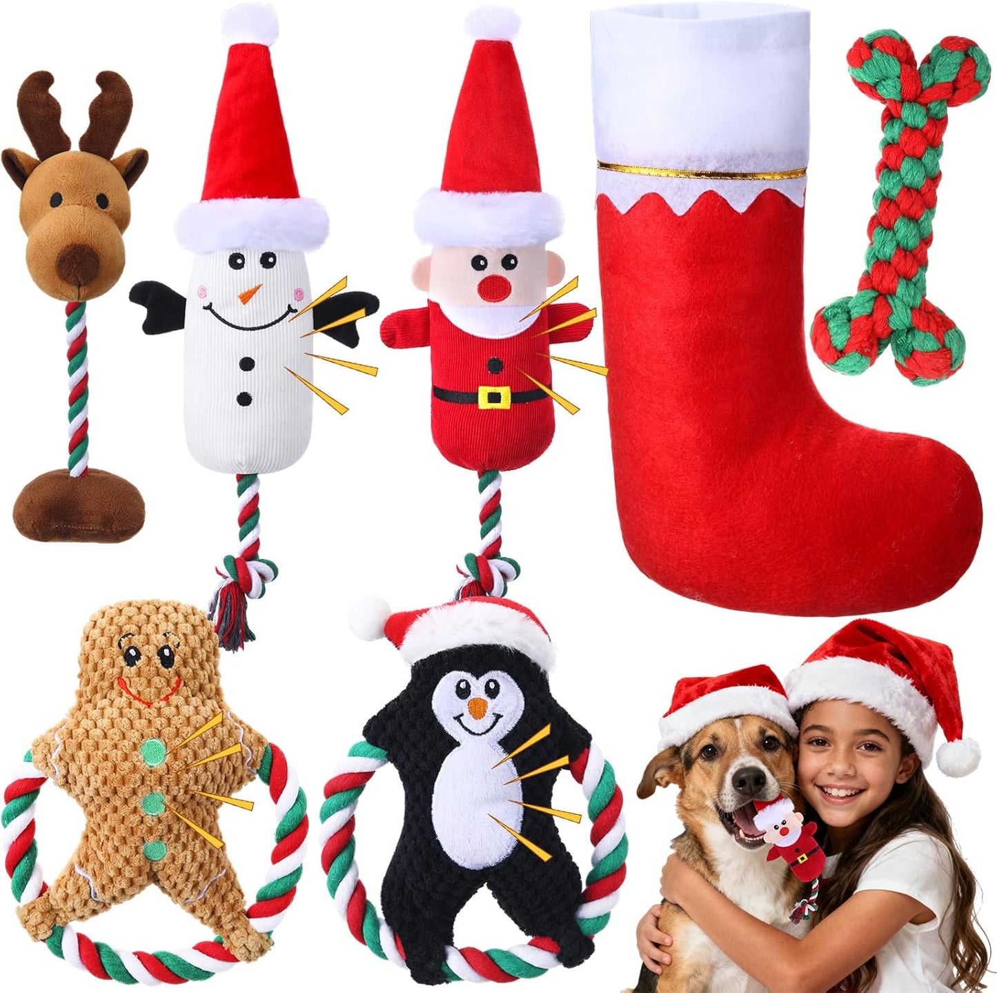 7 Pcs Christmas Dog Toys Christmas Squeaky Interactive Dog Toys with Crinkle, Plush Pet Chewing for S/M/L Dogs to Keep Busy Santa, Penguin, Snowman, Deer, Gingerbread Man, Stocking, Bone