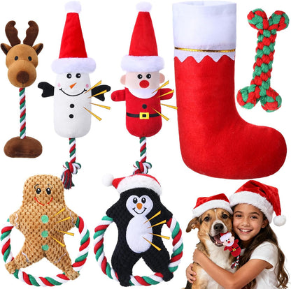 7 Pcs Christmas Dog Toys Christmas Squeaky Interactive Dog Toys with Crinkle, Plush Pet Chewing for S/M/L Dogs to Keep Busy Santa, Penguin, Snowman, Deer, Gingerbread Man, Stocking, Bone