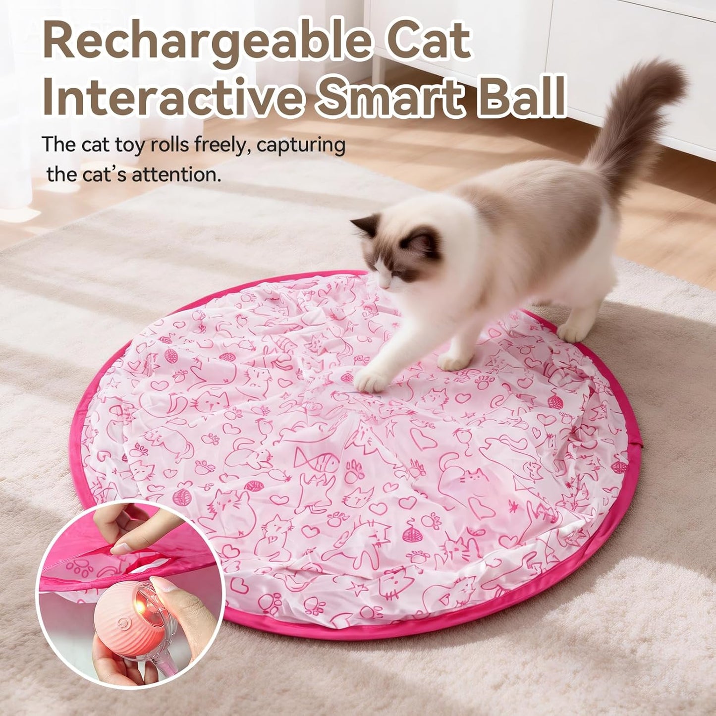 Upgraded Rechargeable Interactive Cat Toy Ball with Hunting Cover - Smart Automatic Rolling, Obstacle Avoidance, Indoor Exercise for Cats to Release Energy & Instincts (Pink)