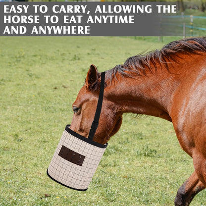 2 Pack Horse Feed Bags 13 Inch in Depth Vented Leather Canvas Horse Food Bucket with Adjustable Strap Waterproof Hay Feeding Supplies, Safety and No-Spill Flap Design