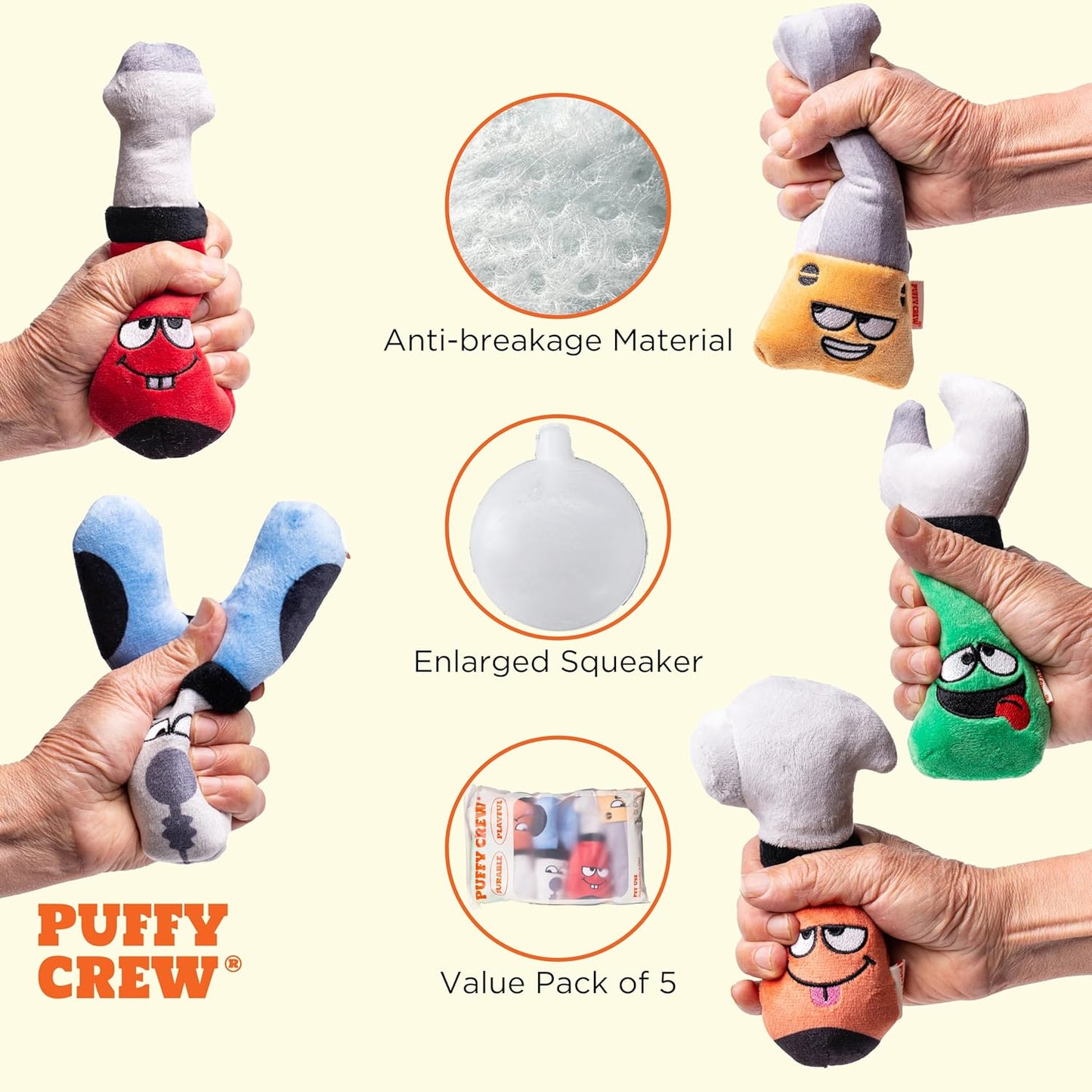 Squeaky Dog Plush Toy, Tools Bite_Stick Collection, 8", for Small and Medium Dogs (5 in 1, Small)